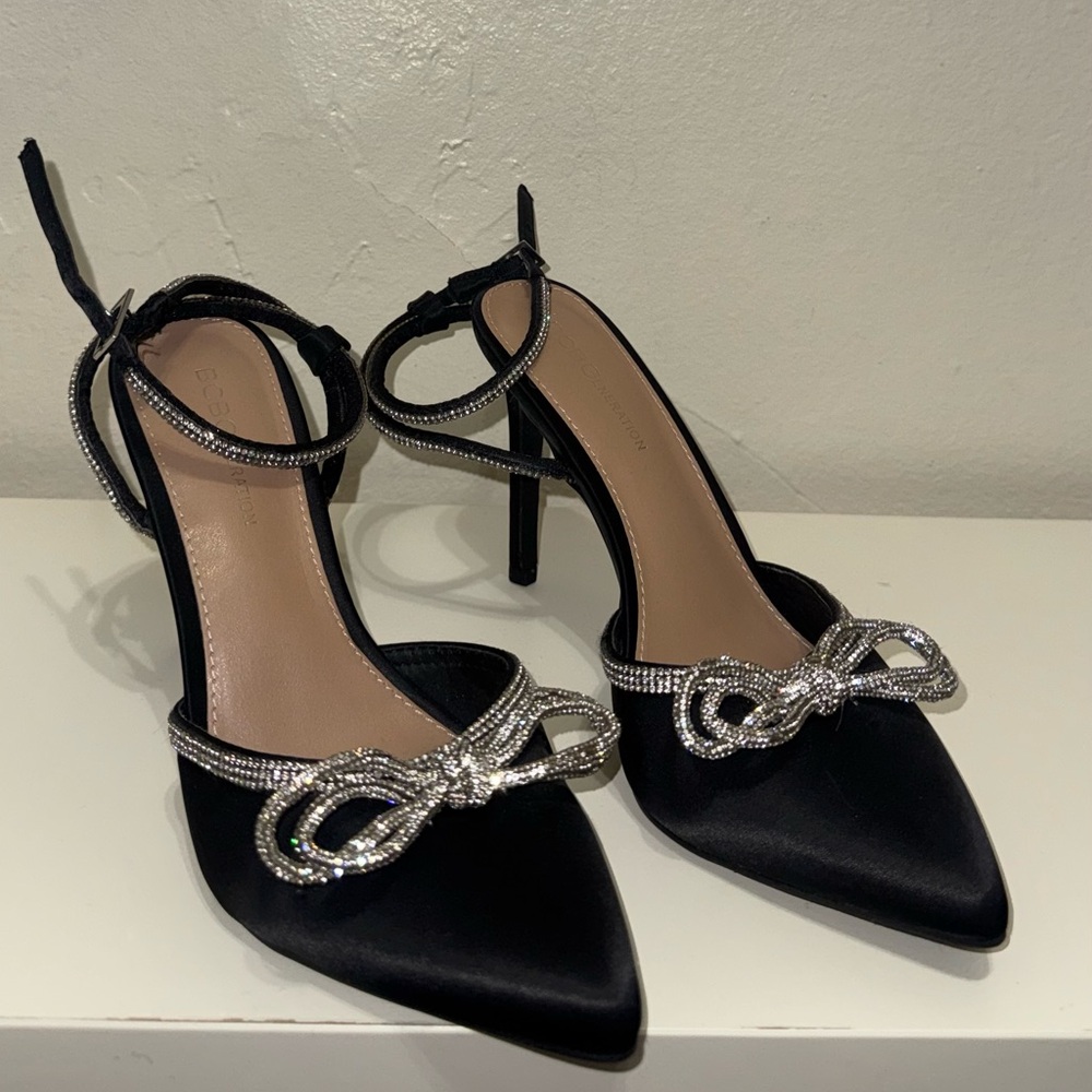 BCBGeneration Black Heels with Silver Bow Accent